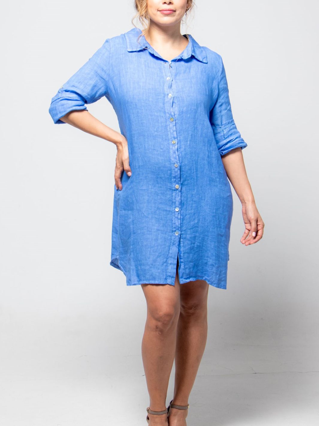 Bold Linen Shirt Dress - Blue