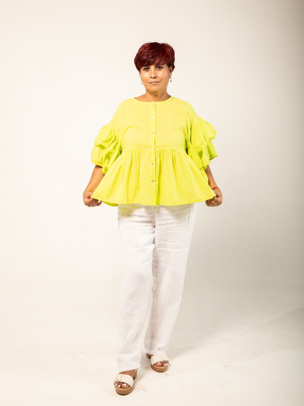 Ruffled Buttoned Blouse - Lime