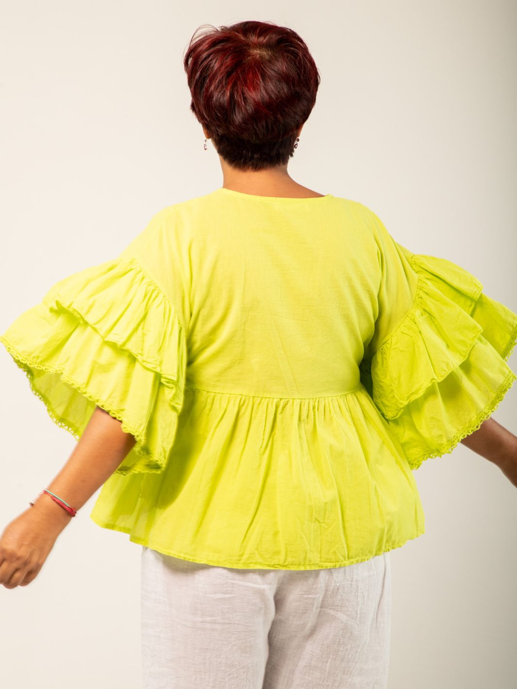 Ruffled Buttoned Blouse - Lime