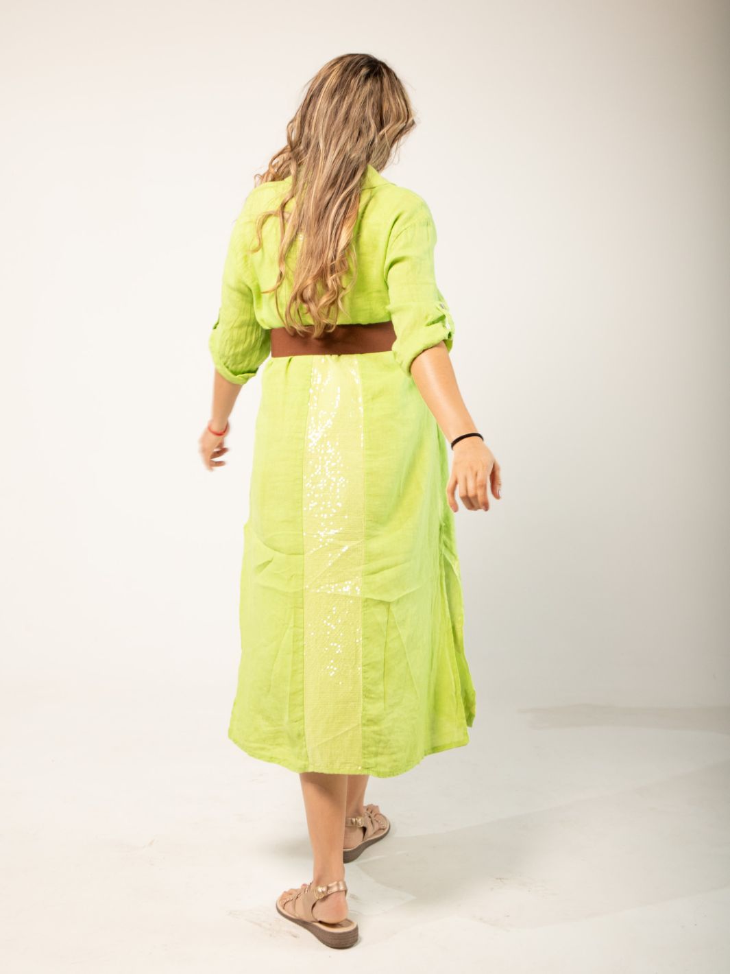 Feather Embroidered Linen Shirt Dress - Lime