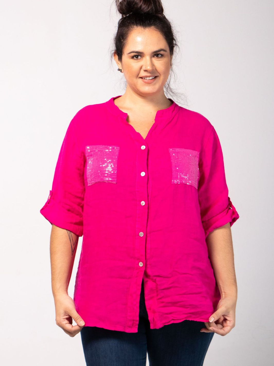 Short Sleeved Blouse with Floral Cut-Out - Pink