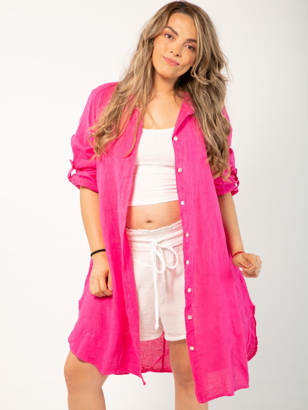 Linen Shirt Dress - Fuchsia Pink