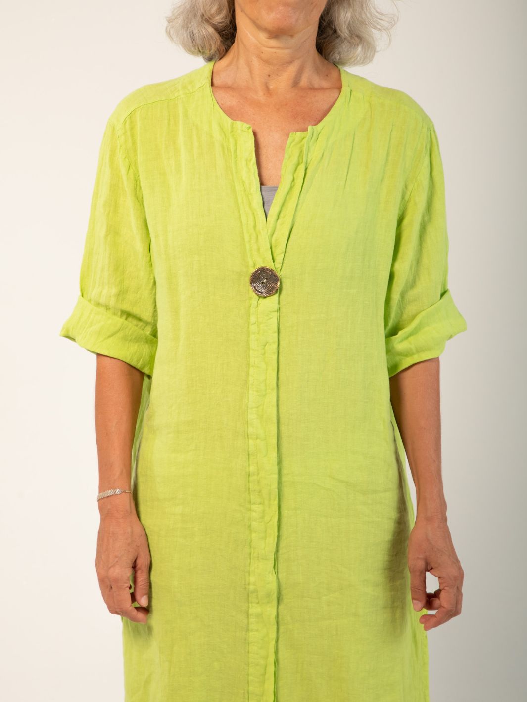 Linen Shirt Dress with Vintage Button - Green