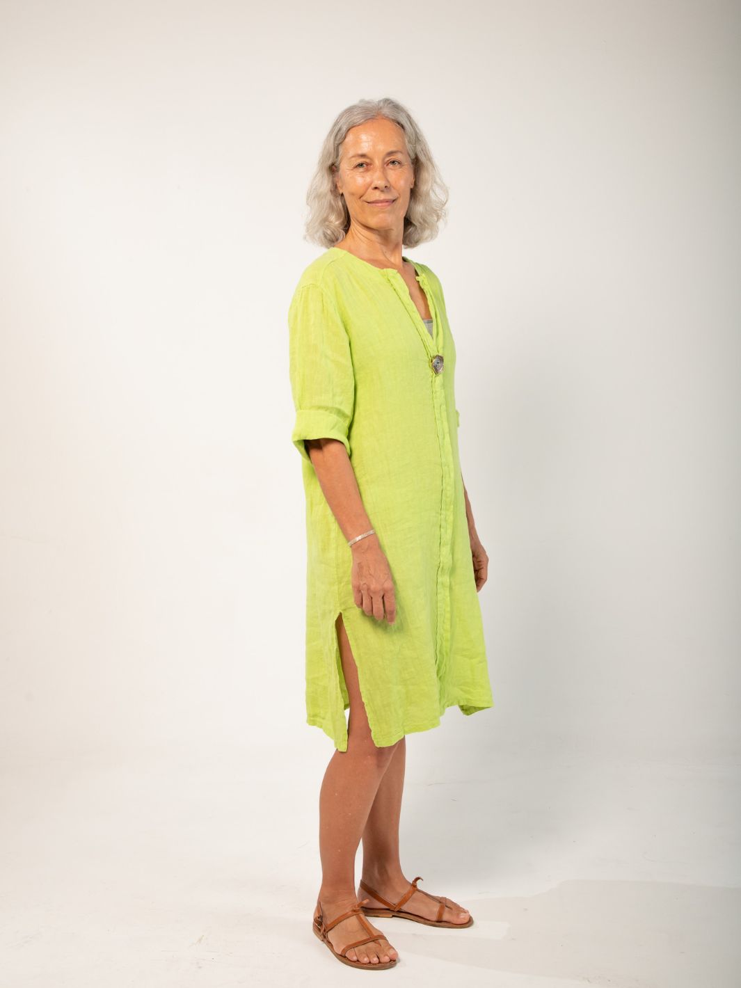 Linen Shirt Dress with Vintage Button - Lime