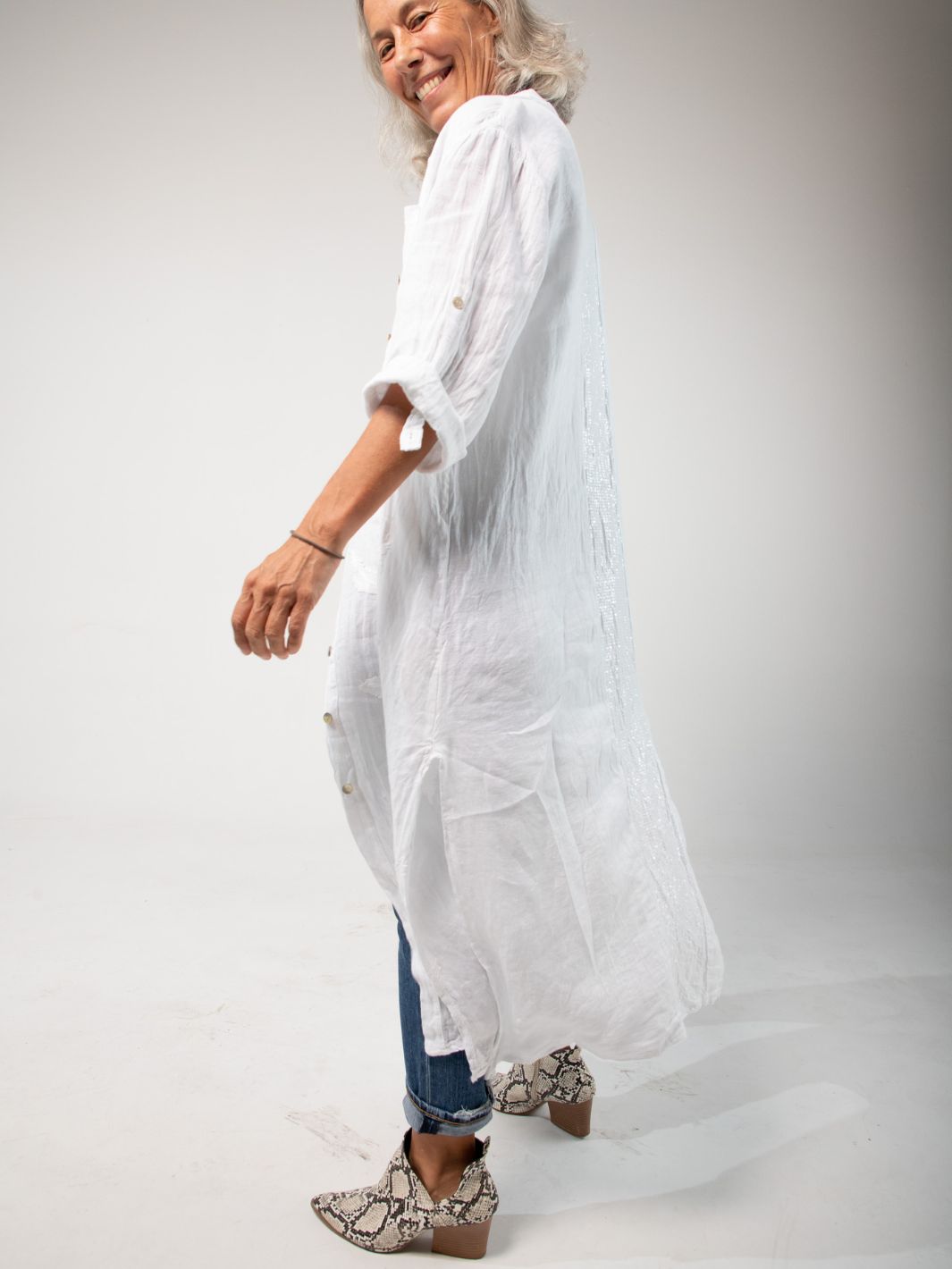 Feather Embroidered Linen Shirt Dress - Blue