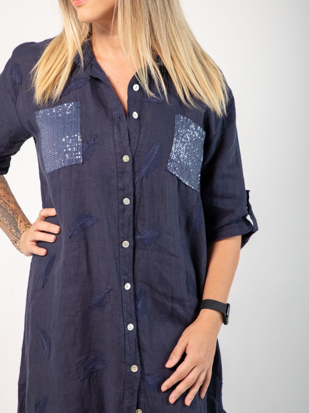 Feather Embroidered Linen Shirt Dress - Blue
