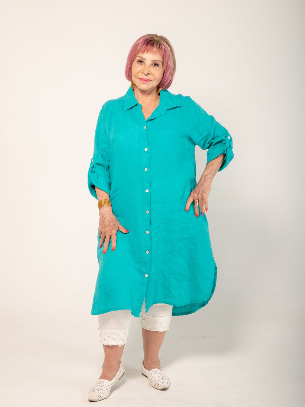 Linen Shirt Dress - Turquoise