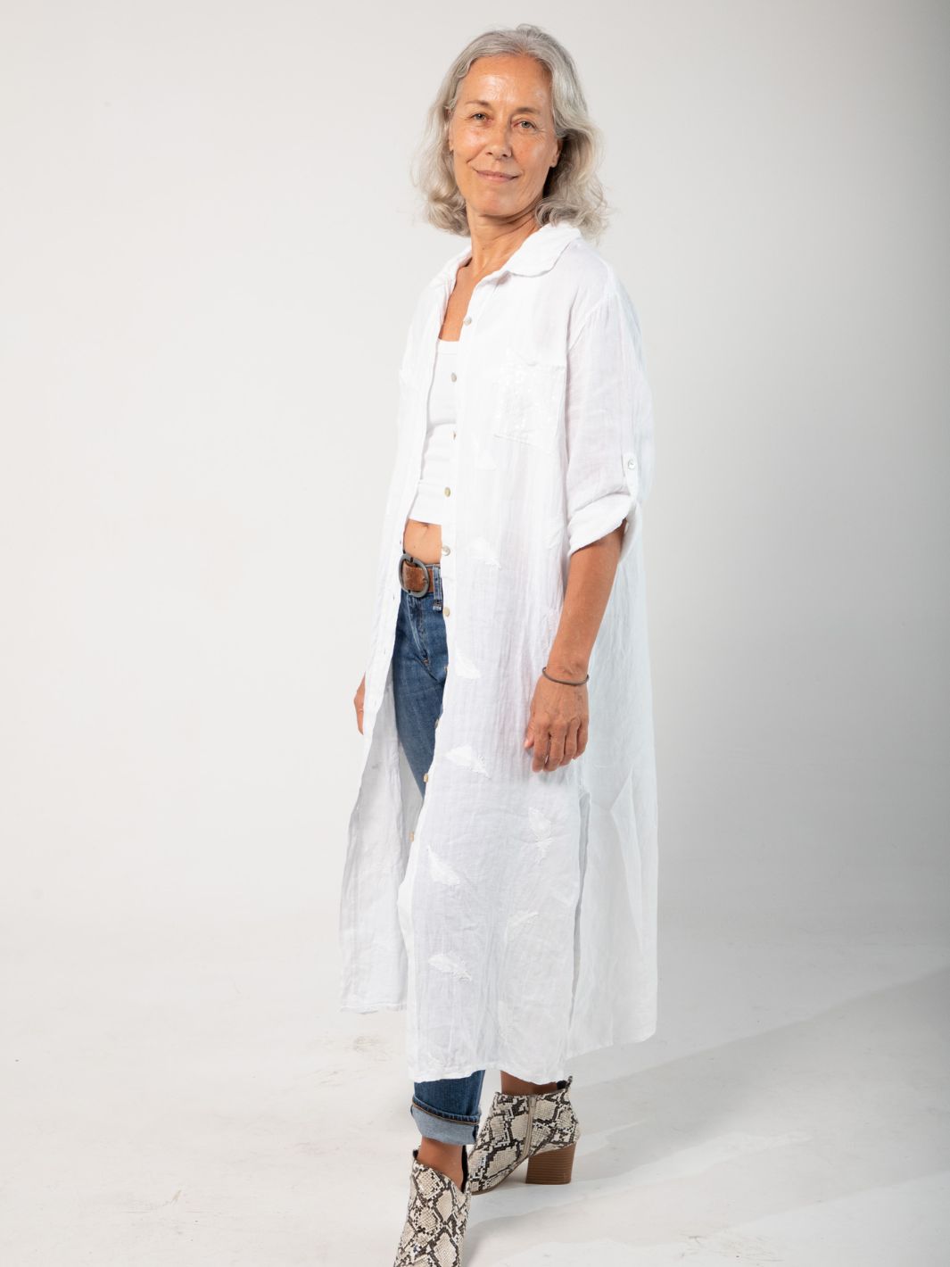 Feather Embroidered Linen Shirt Dress - White