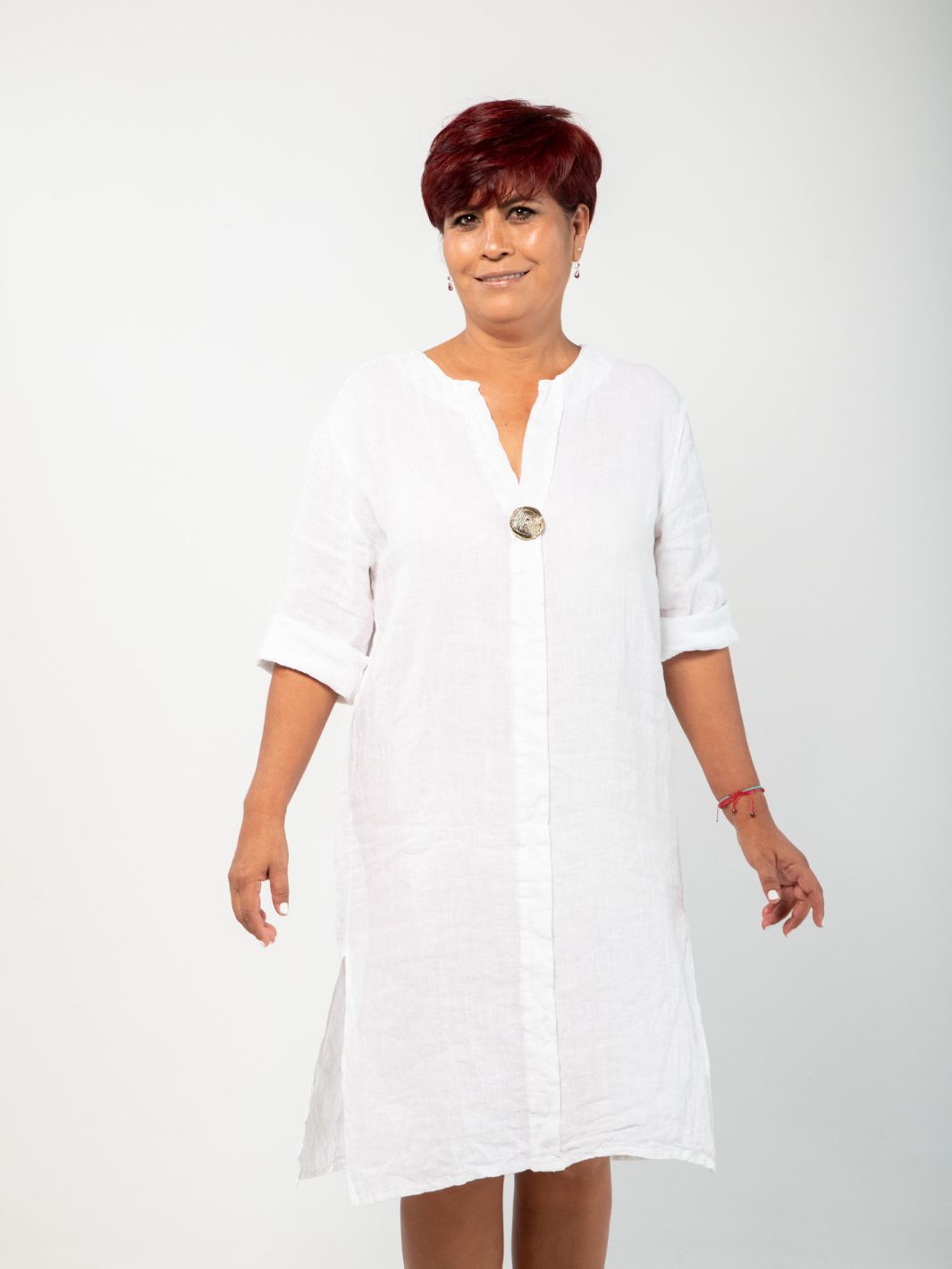 Linen Shirt Dress with Vintage Button - White