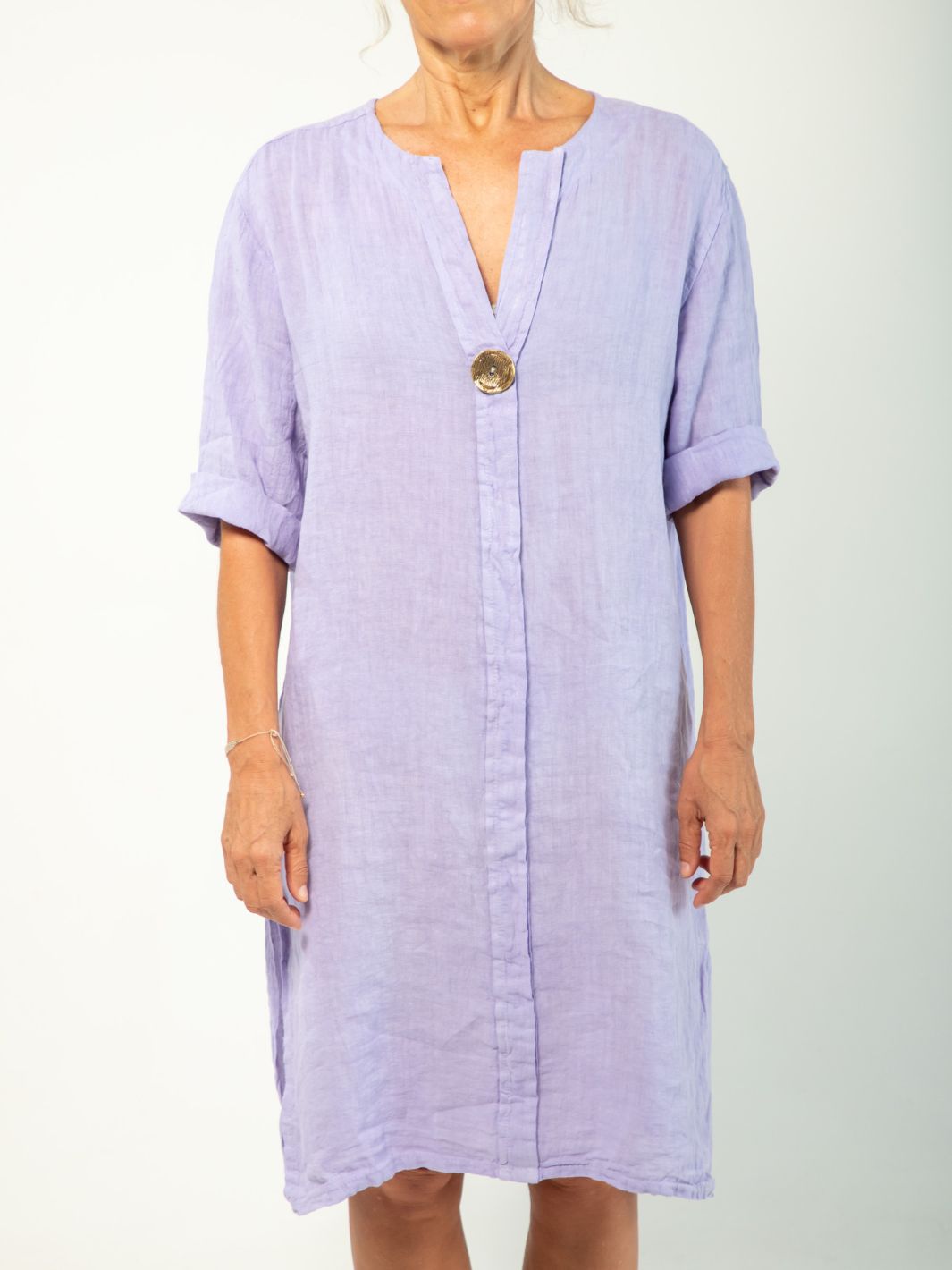 Linen Shirt Dress with Vintage Button - Lilac