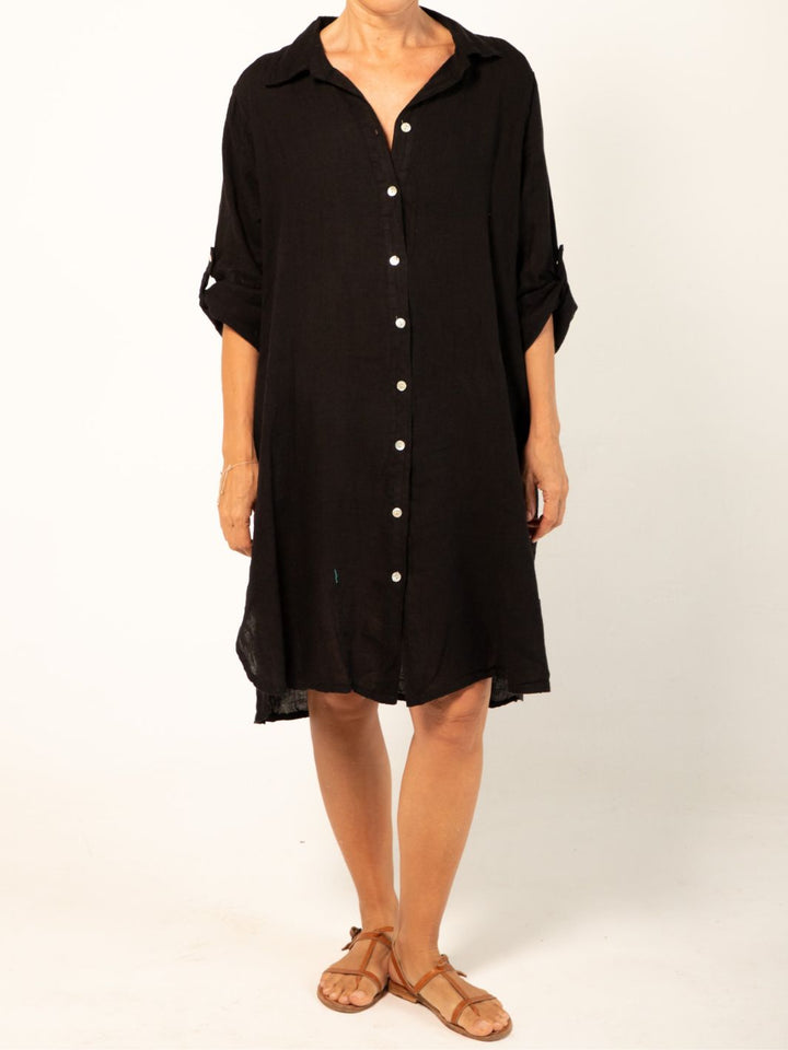 Linen Shirt Dress - Black