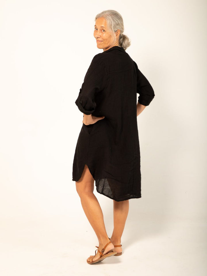 Linen Shirt Dress - Black