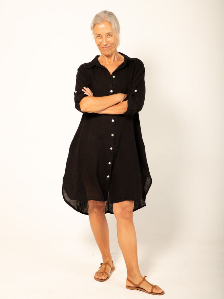 Linen Shirt Dress - Black