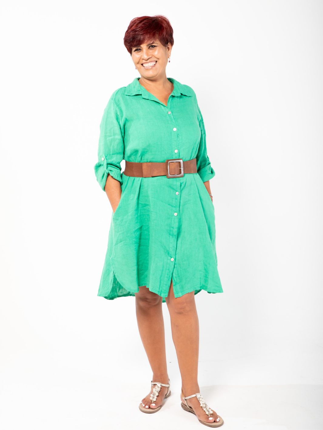 Linen Shirt Dress - Green