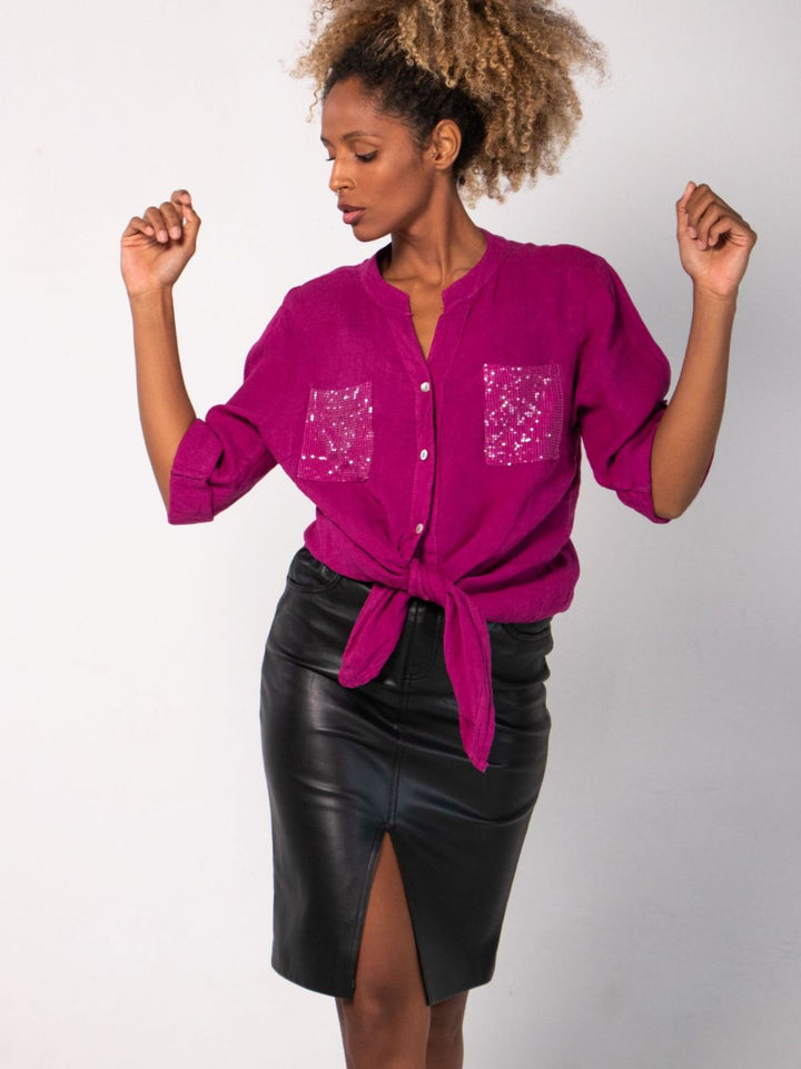 Short Sleeved Blouse with Floral Cut-Out - Magenta