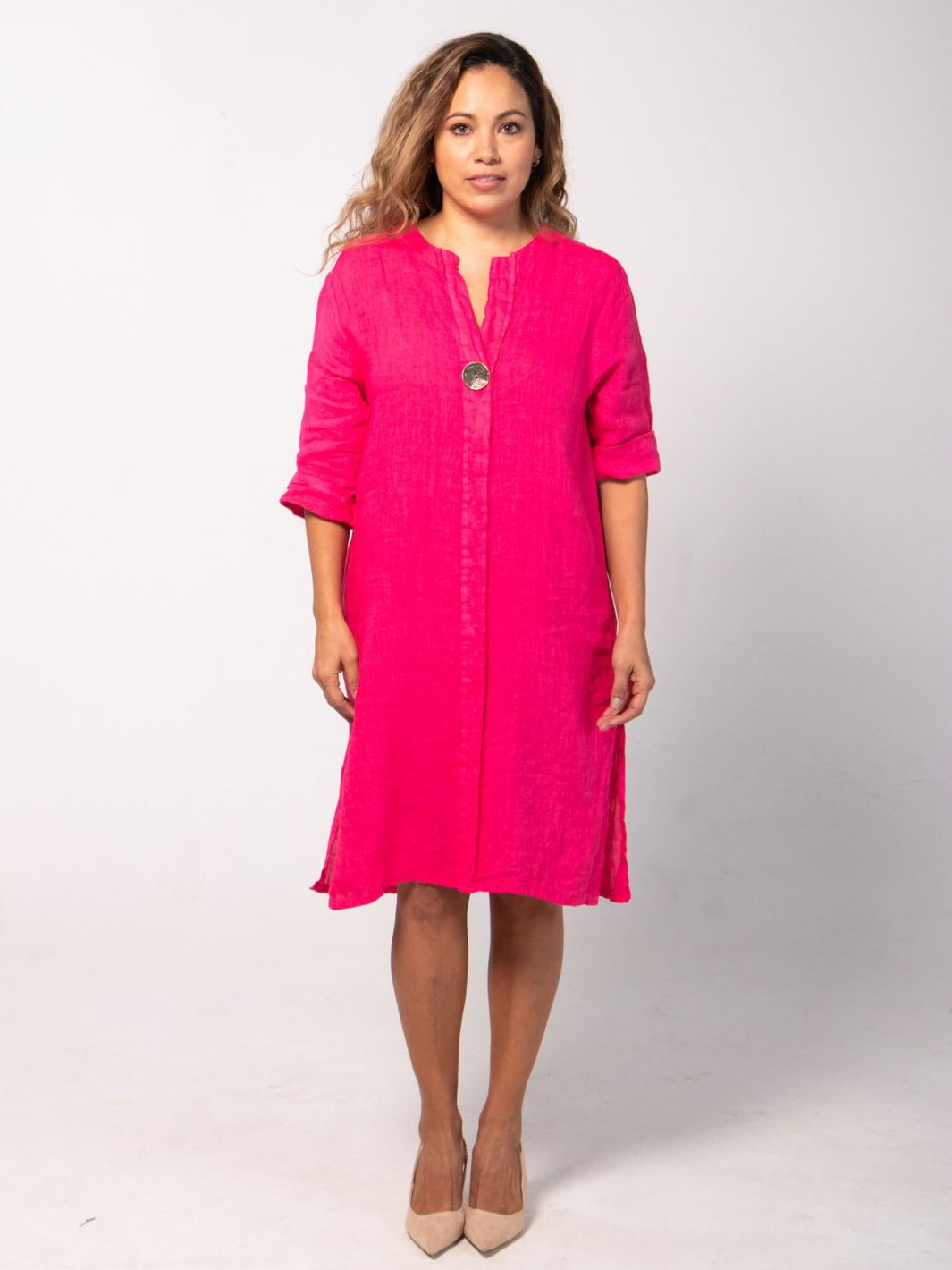 Linen Shirt Dress with Vintage Button - Pink