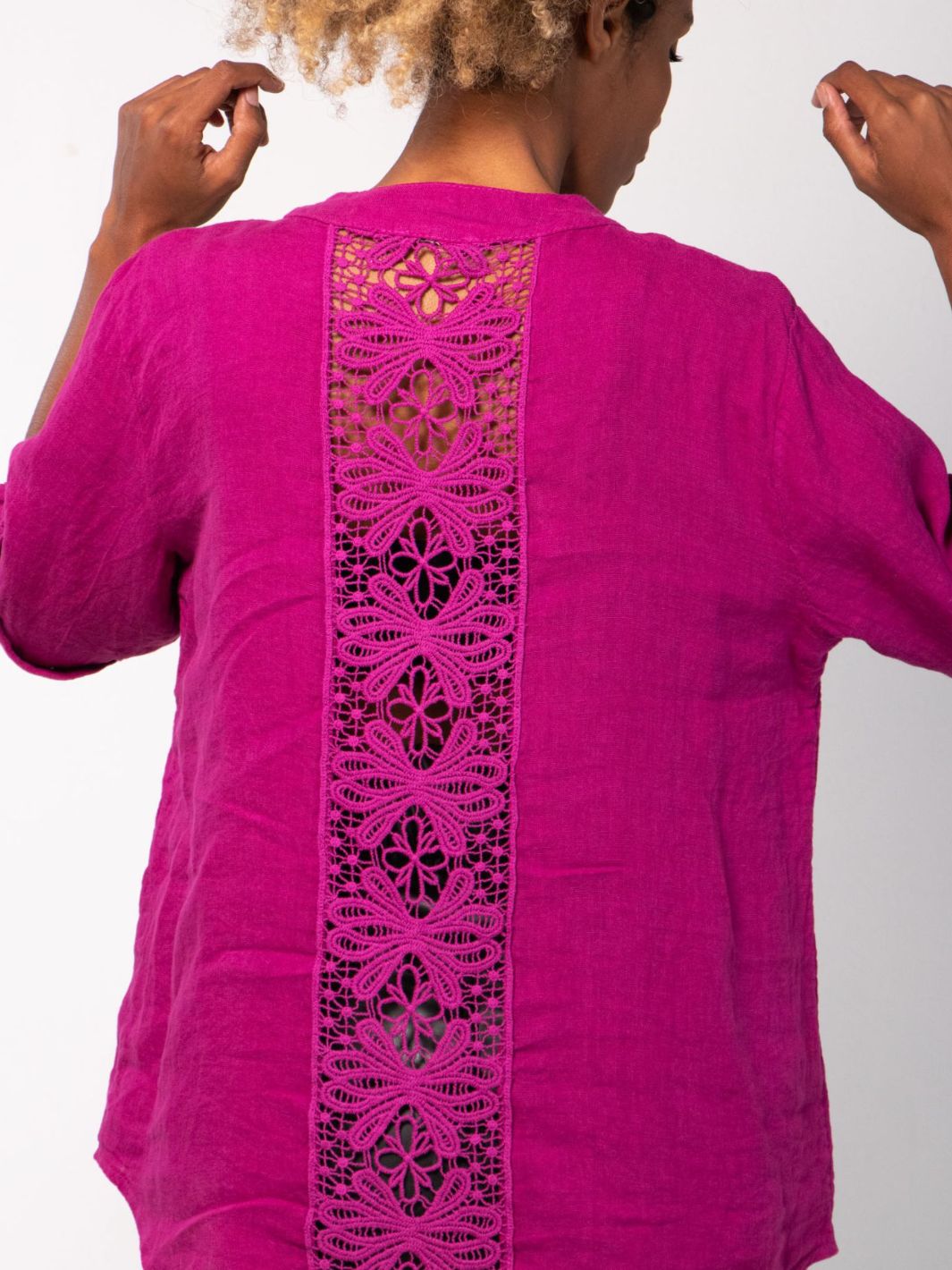 Short Sleeved Blouse with Floral Cut-Out - Magenta