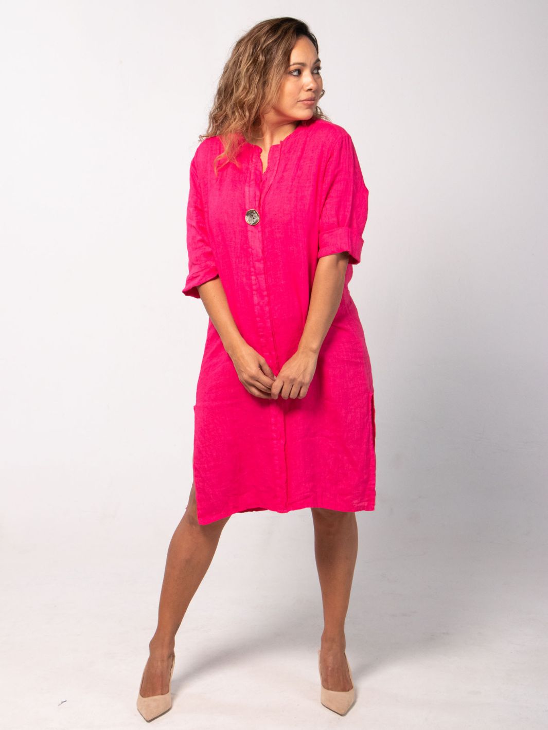 Linen Shirt Dress with Vintage Button - Pink