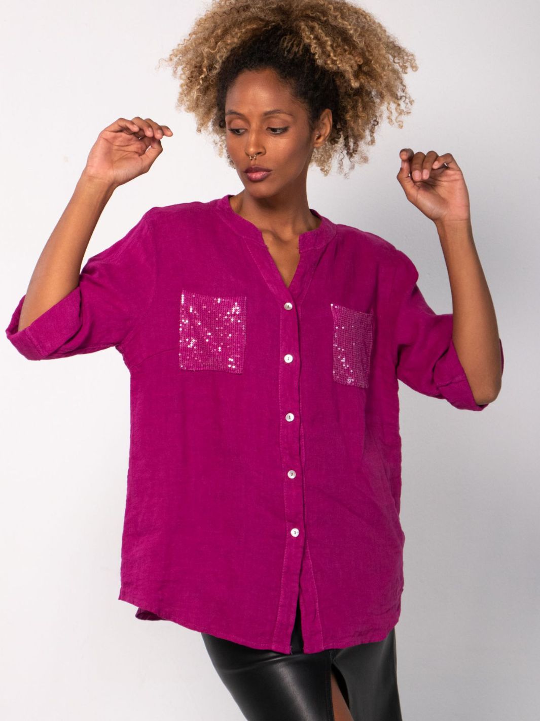 Short Sleeved Blouse with Floral Cut-Out - Magenta