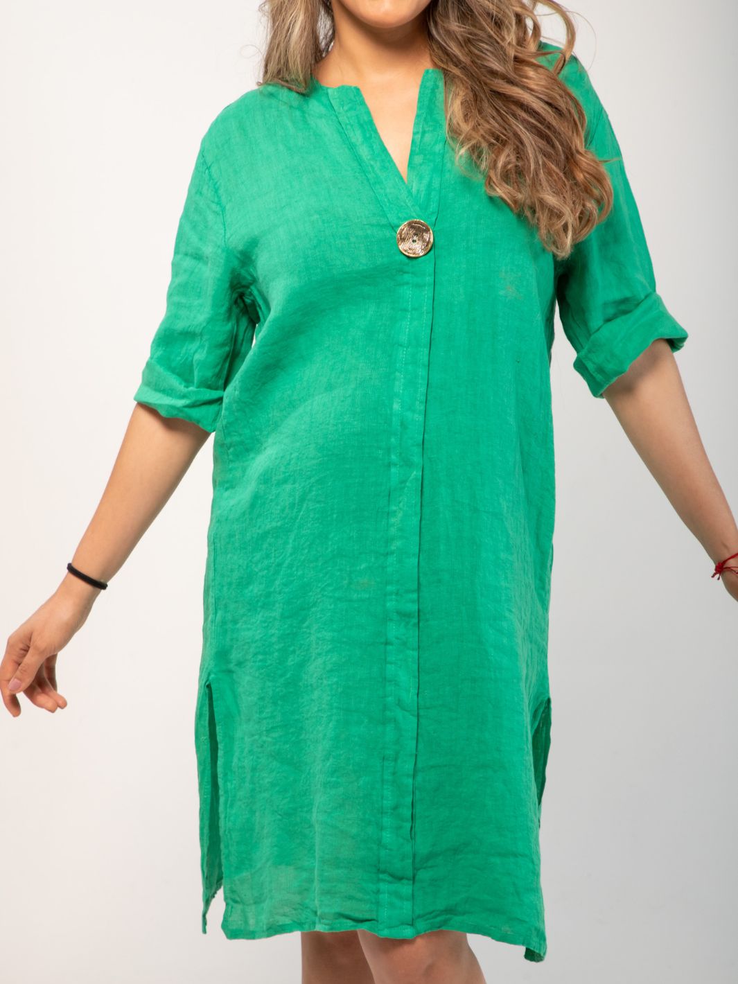 Linen Shirt Dress with Vintage Button - Green