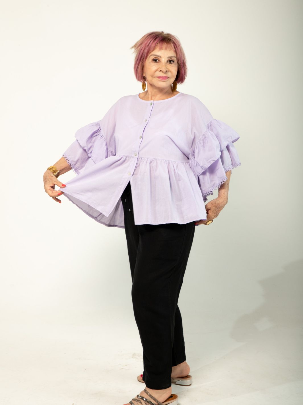 Ruffled Buttoned Blouse - Lilac