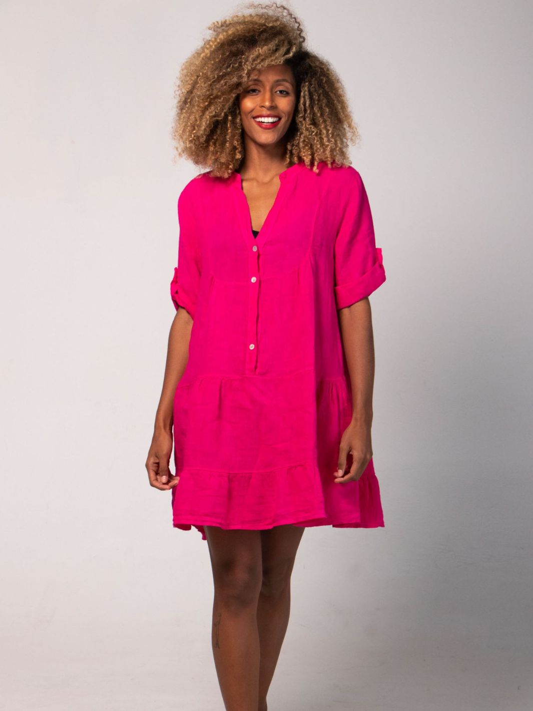 Short V Collared Linen Dress - Pink