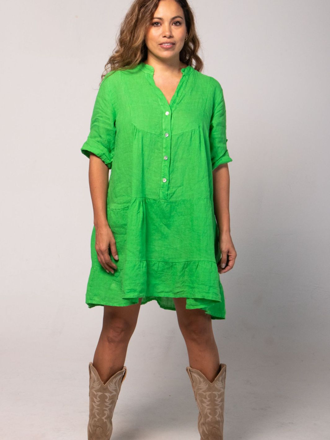 Short V Collared Linen Dress - Green