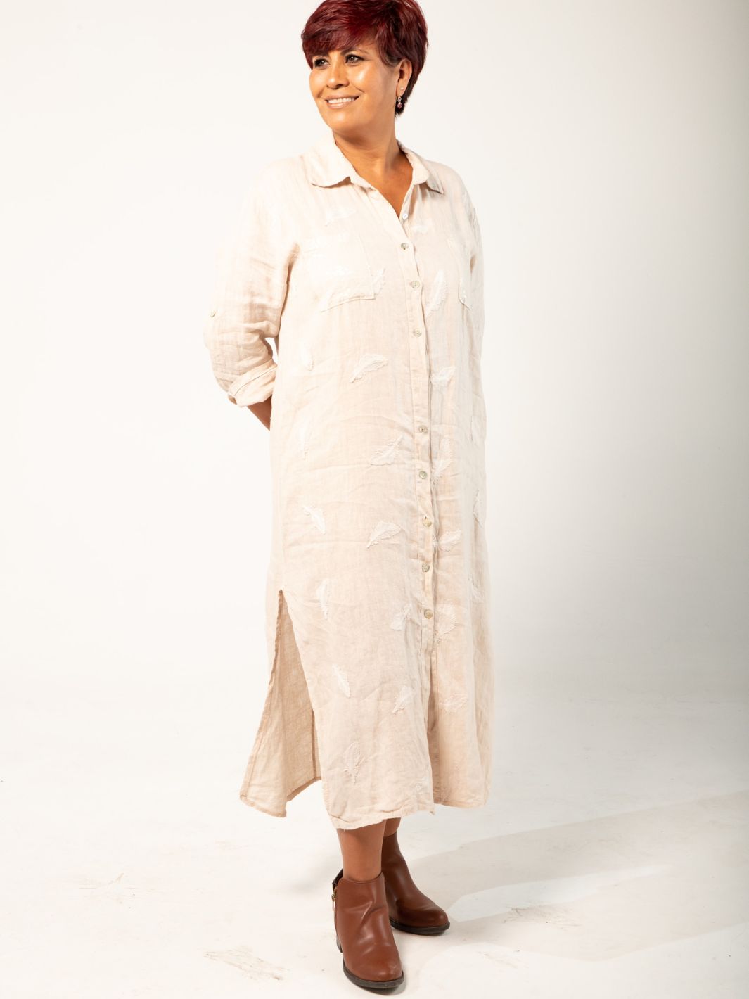 Feather Embroidered Linen Shirt Dress - Sand