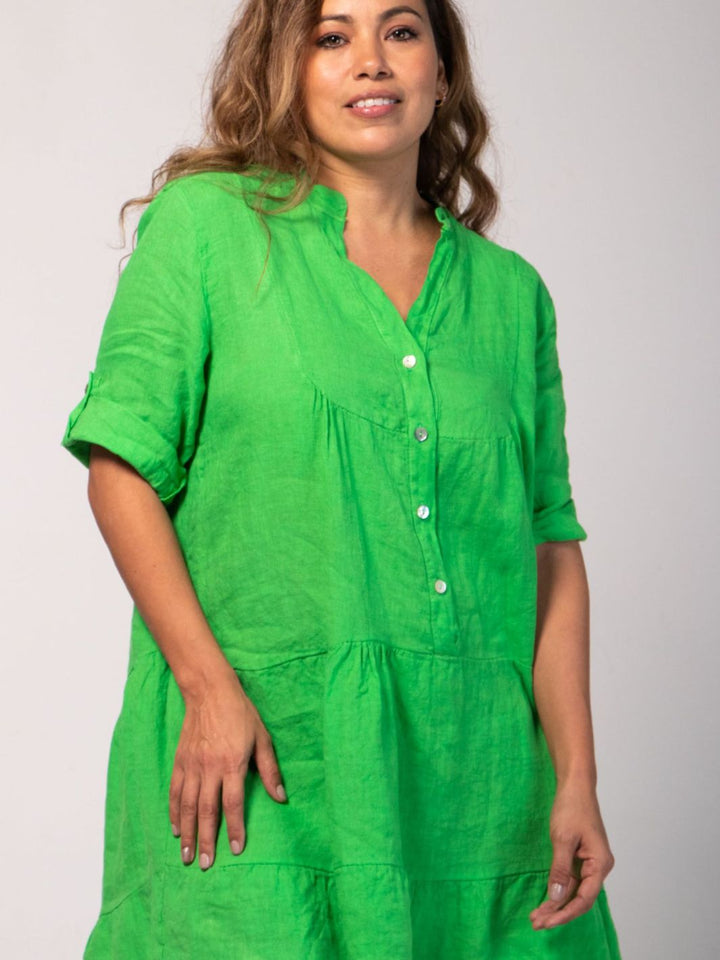 Short V Collared Linen Dress - Green