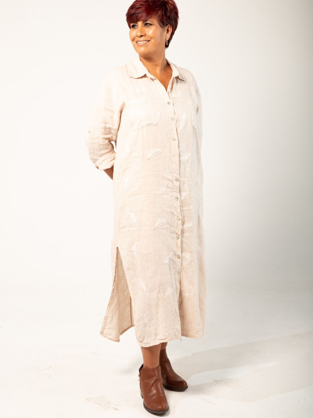 Feather Embroidered Linen Shirt Dress - Blue