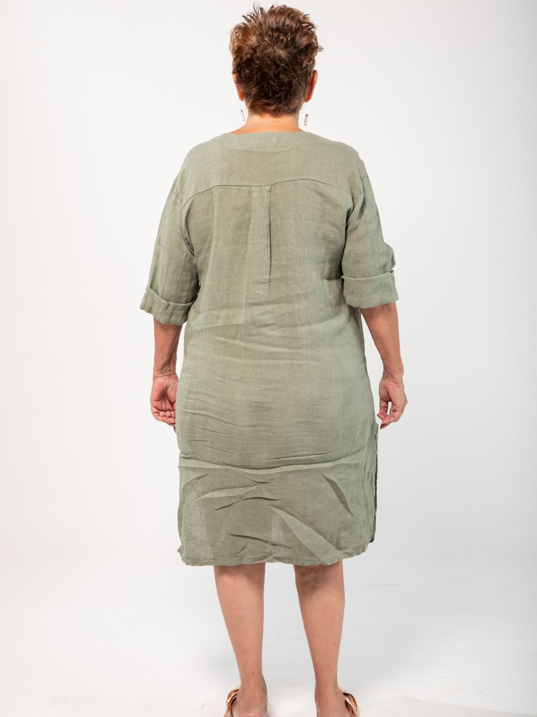 Linen Shirt Dress with Vintage Button - Olive Green