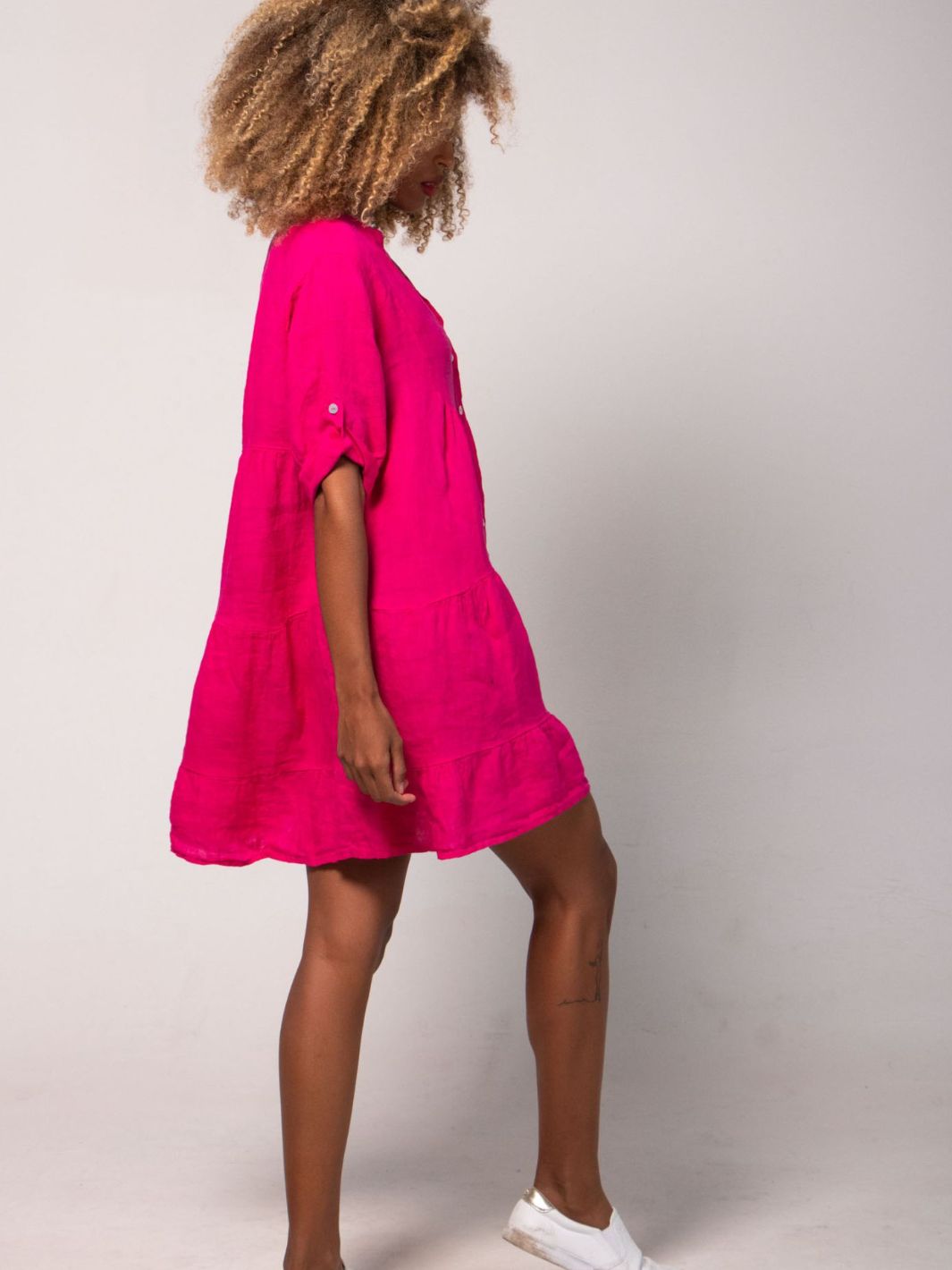 Short V Collared Linen Dress - Pink