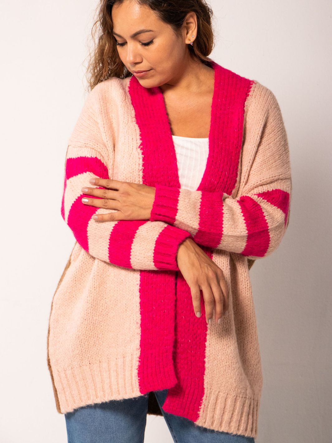 Striped Color-block Cardigan - Pink