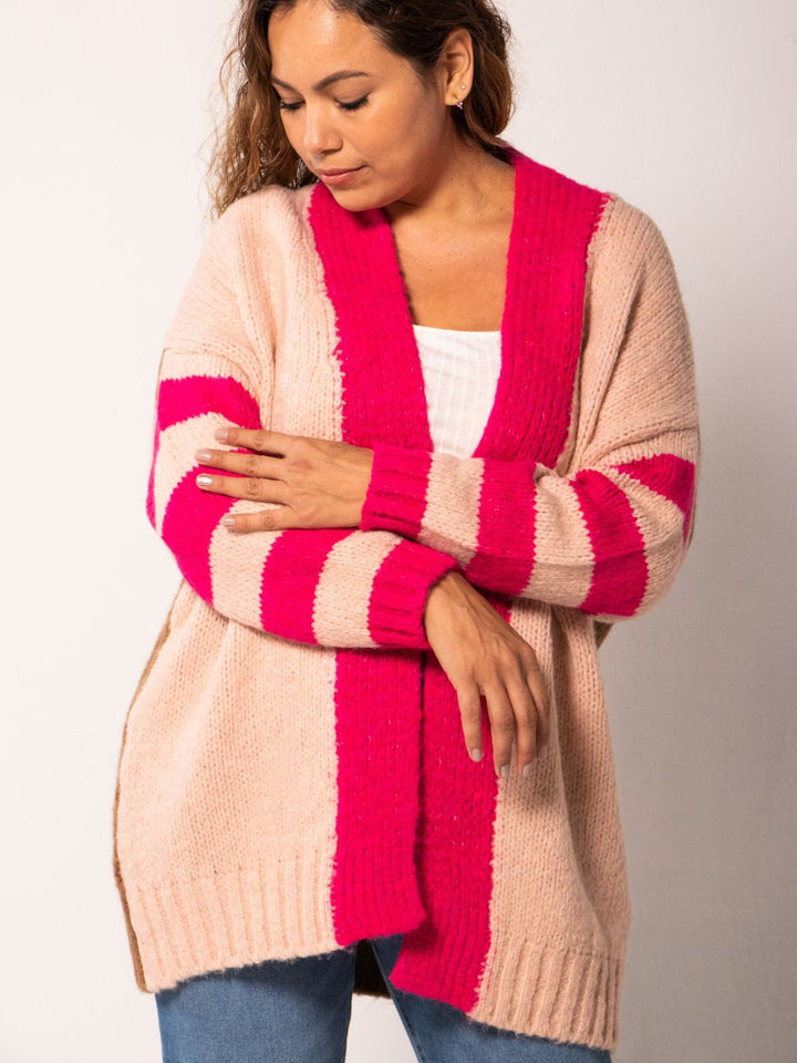 Striped Color-block Cardigan - Pink