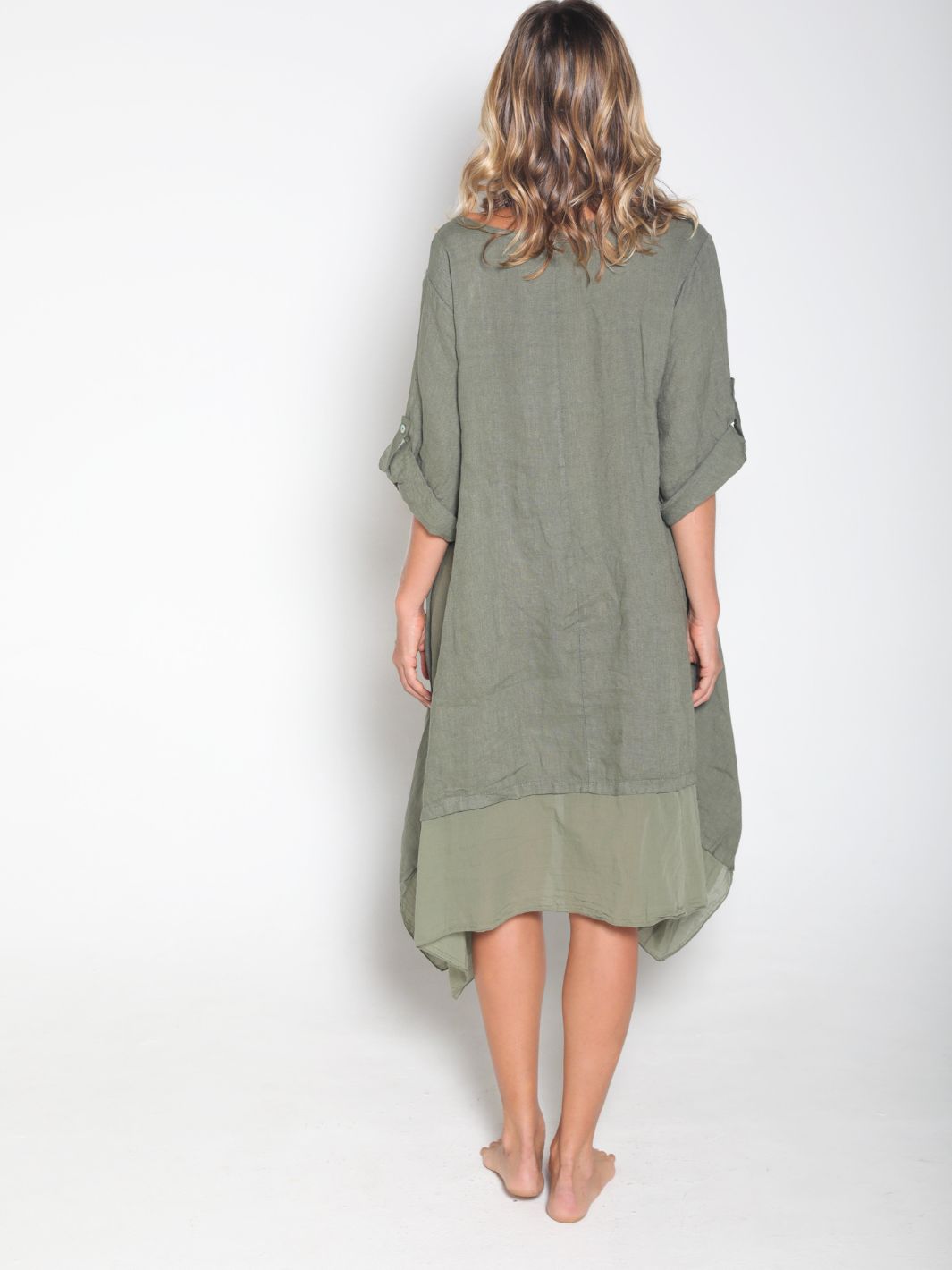 Buttoned Linen Dress With Sleeves - Blue