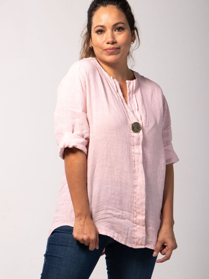 Linen Blouse with Vintage Button Detail - Pale Pink