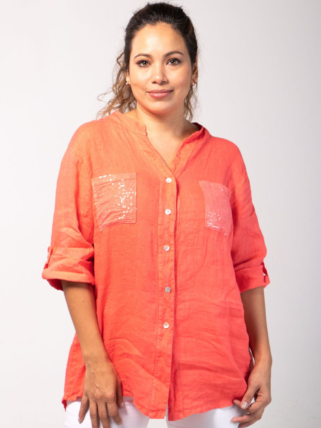 Short Sleeved Blouse with Floral Cut-Out - Coral