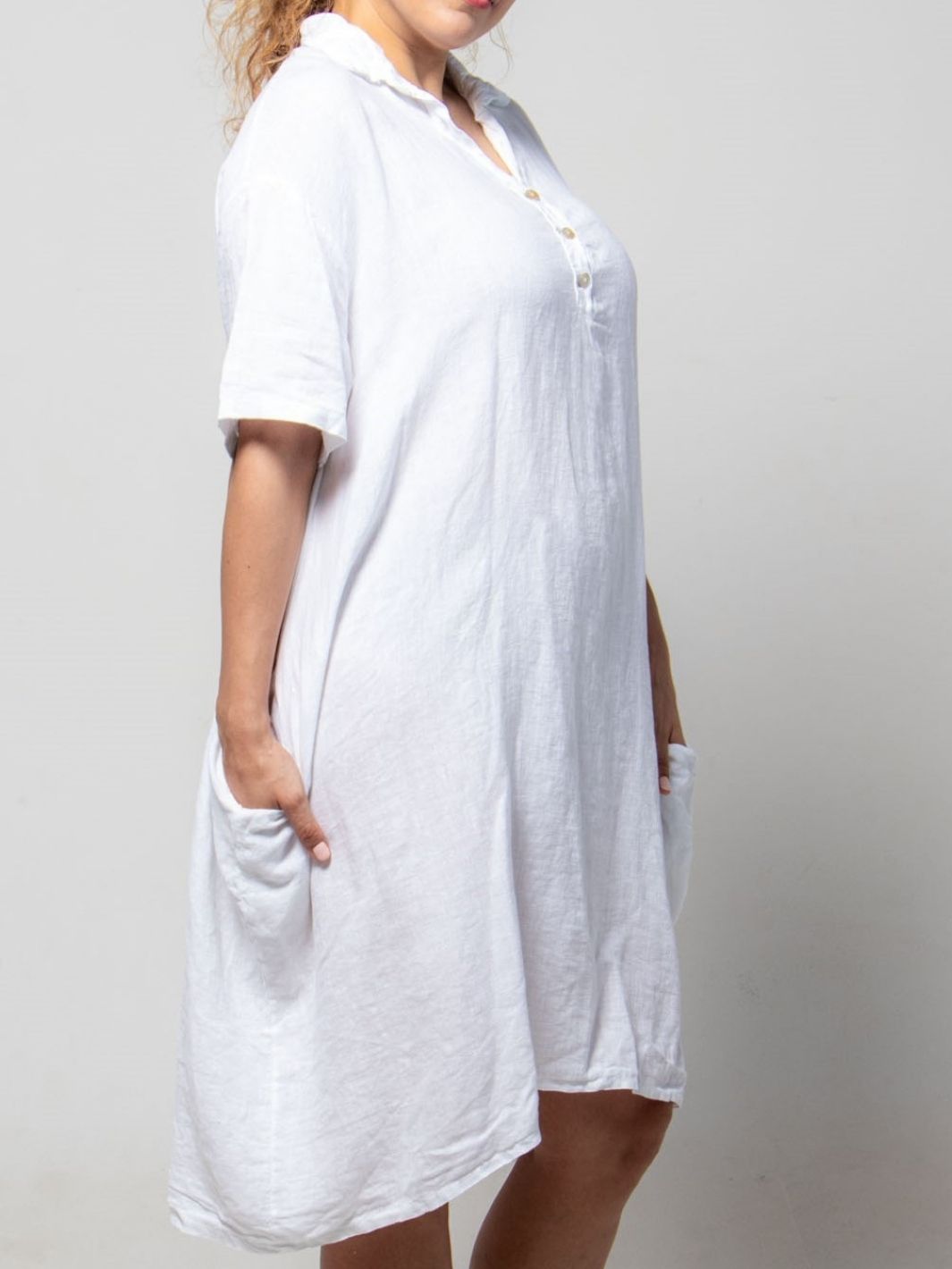 Collared Linen Dress with Buttons - White