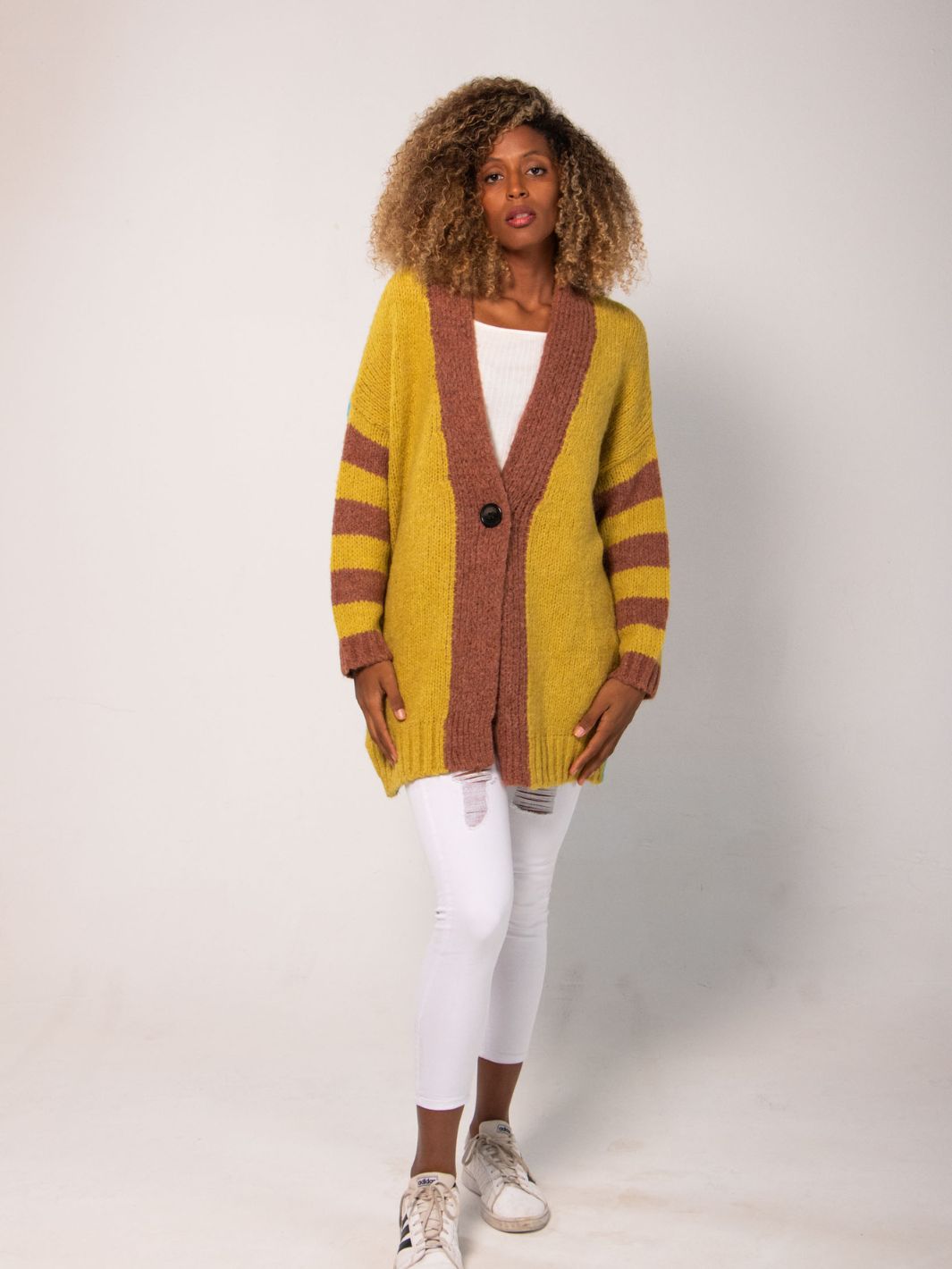 Striped Color-block Cardigan - Pink