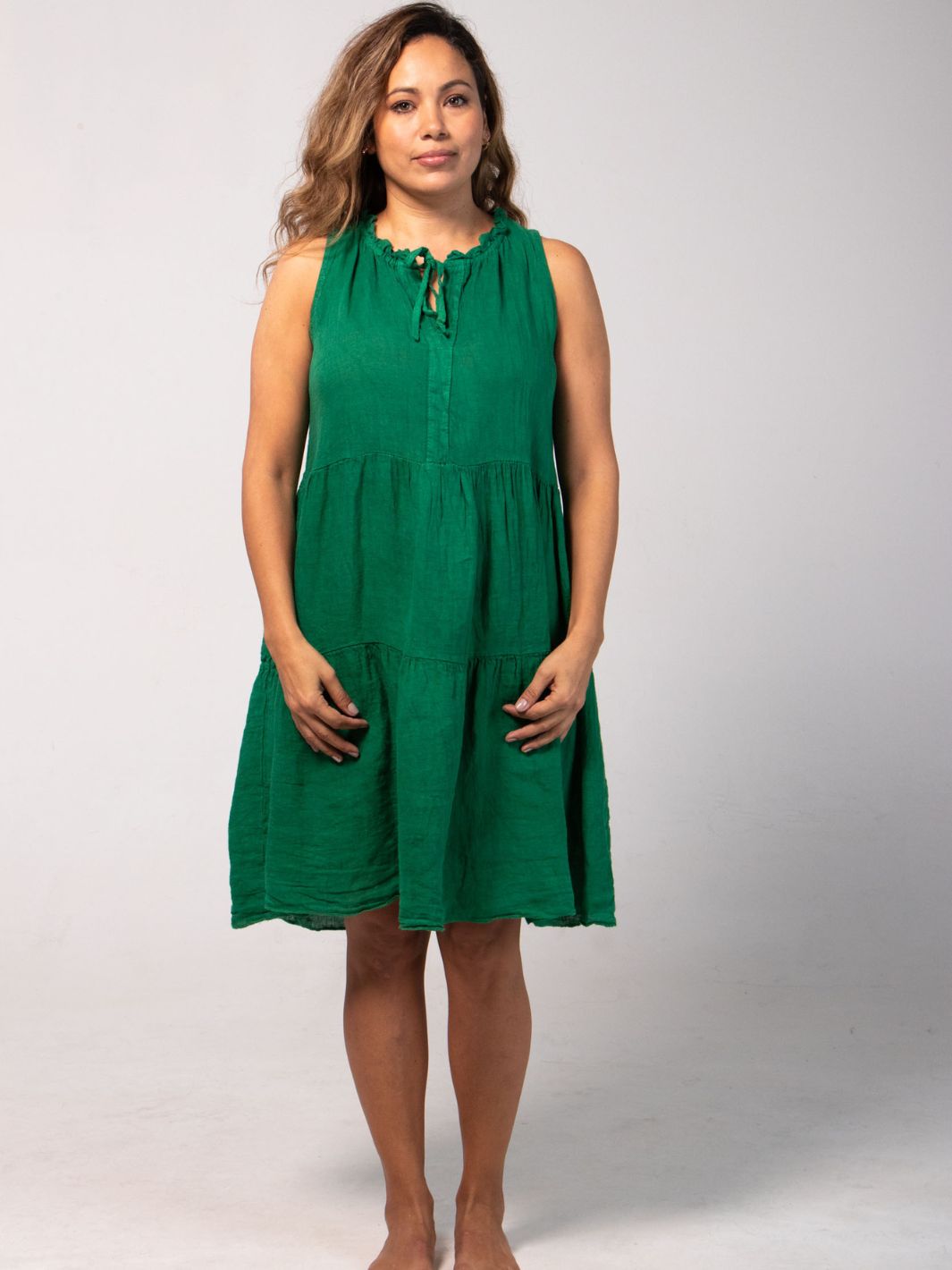 Short Sleeveless Tie Dress - Green