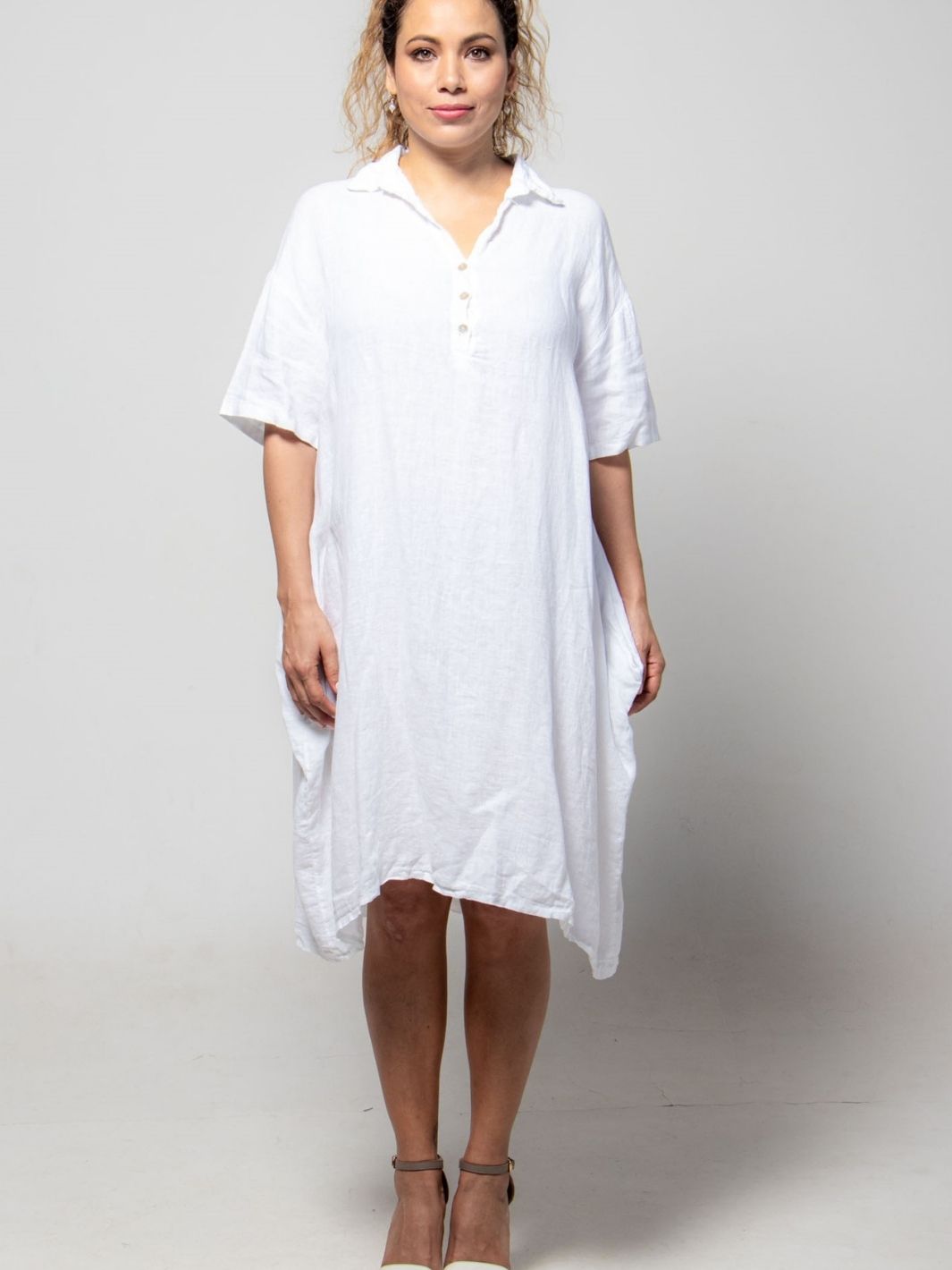 Collared Linen Dress with Buttons - Black