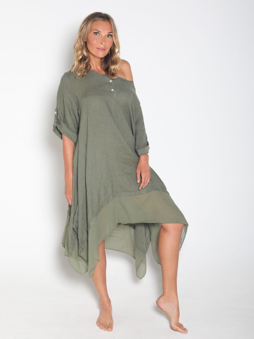 Buttoned Linen Dress With Sleeves - White