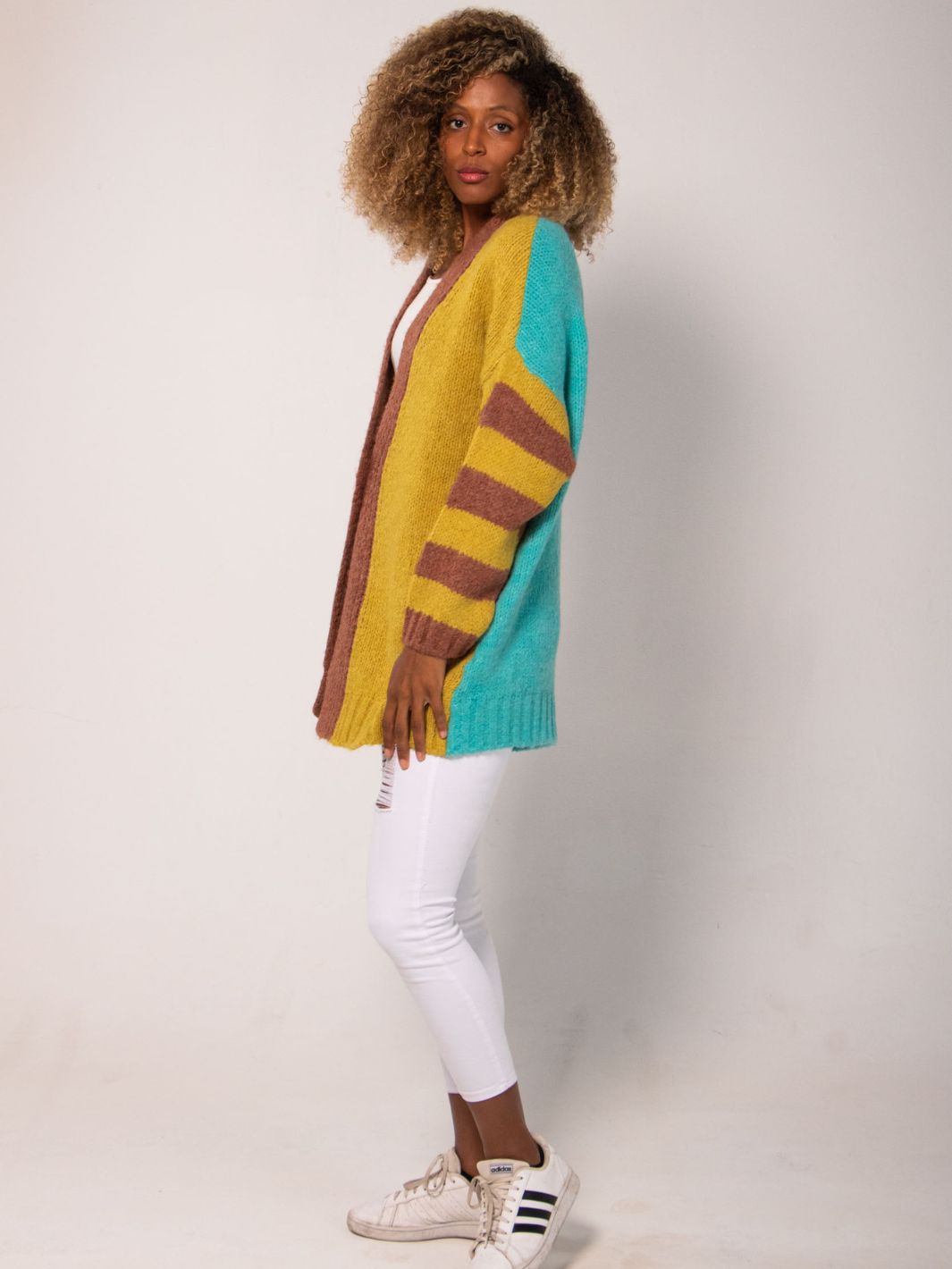 Striped Color-block Cardigan - Lime Green