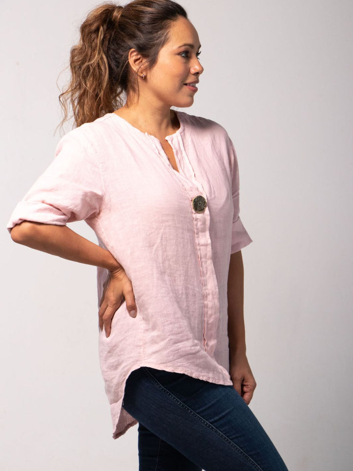 Linen Blouse with Vintage Button Detail - Pale Pink