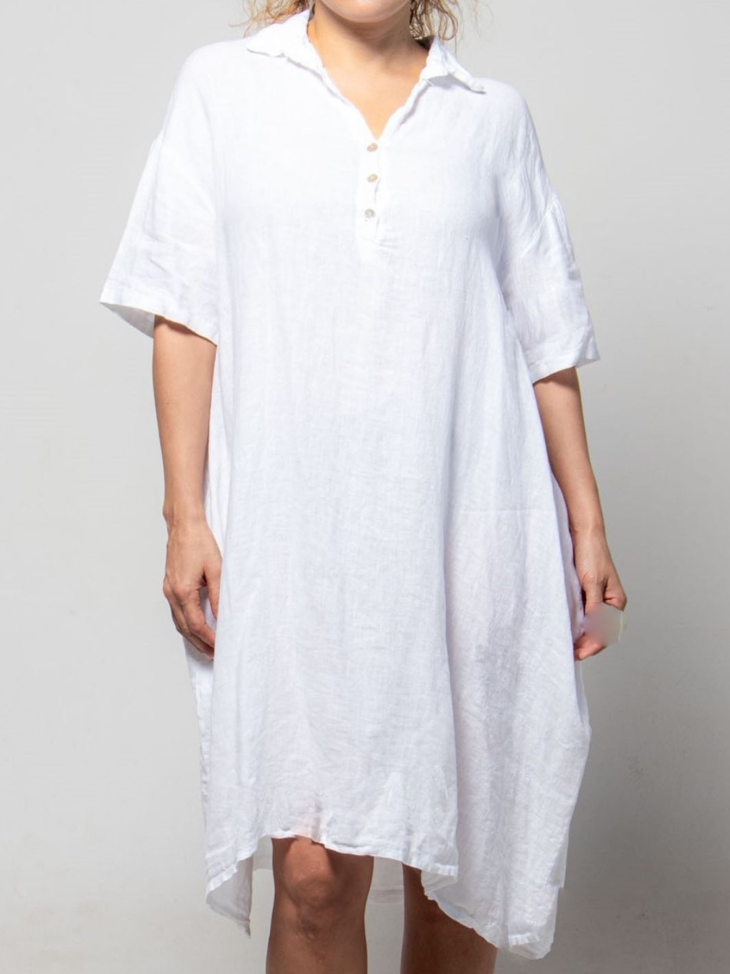 Collared Linen Dress with Buttons - White