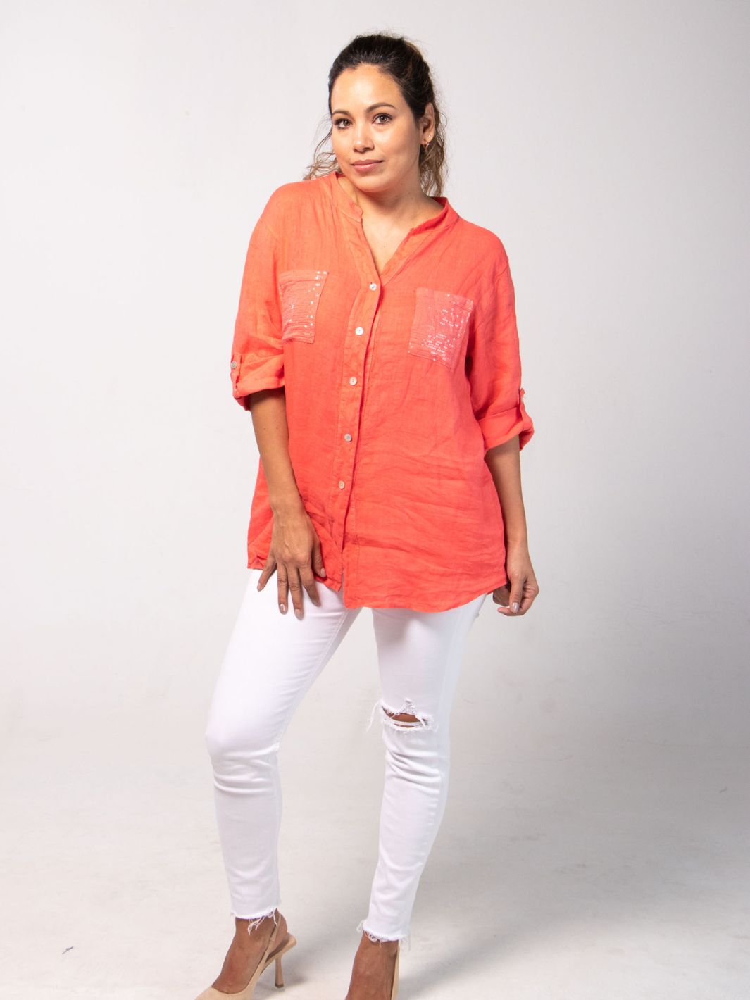 Short Sleeved Blouse with Floral Cut-Out - Coral