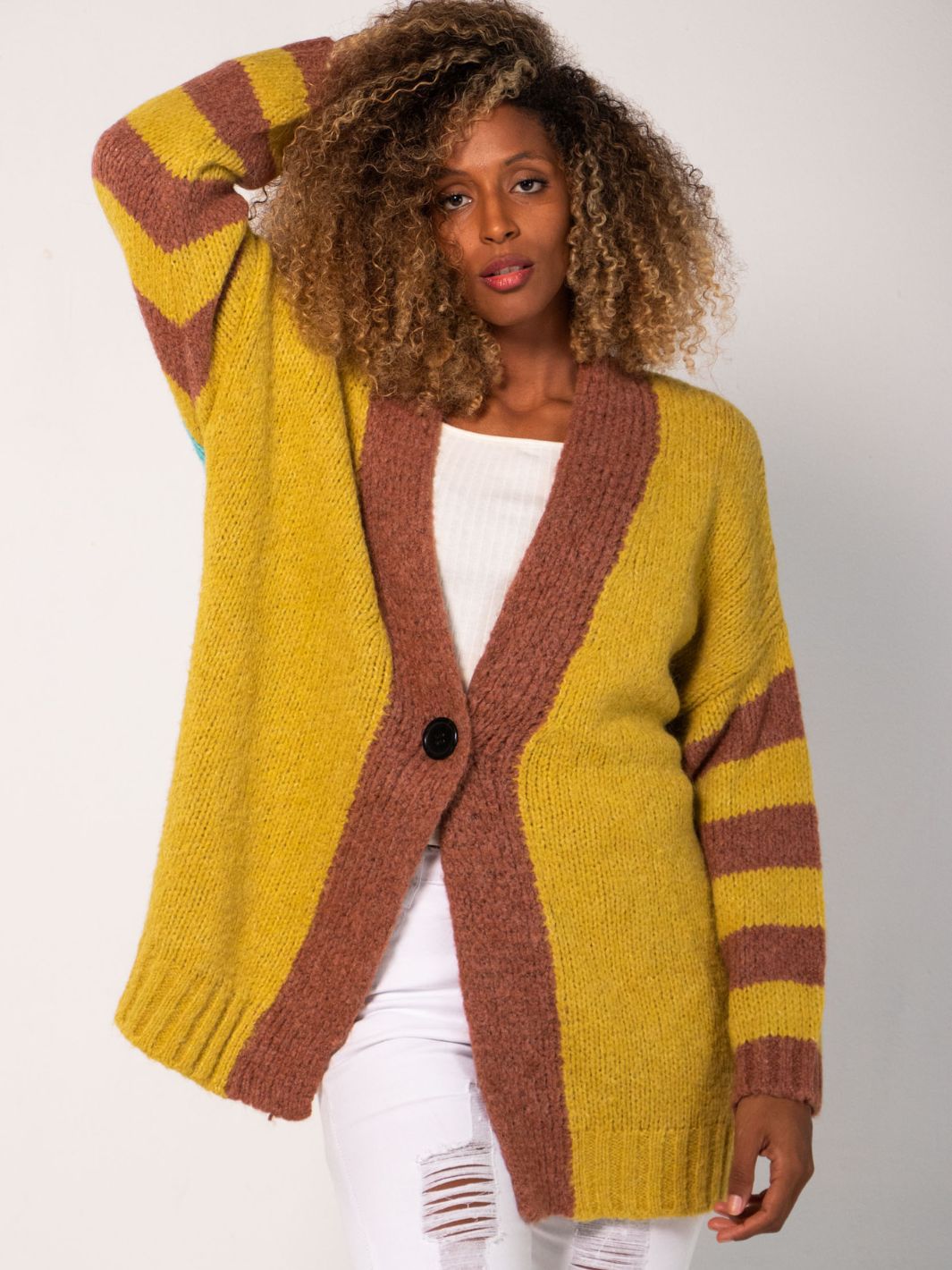 Striped Color-block Cardigan - Lime Green