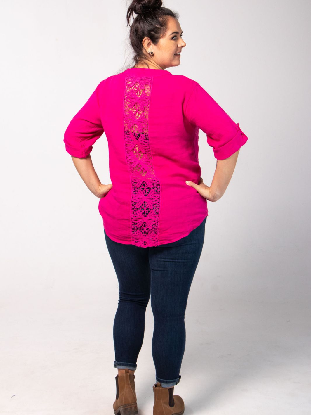 Short Sleeved Blouse with Floral Cut-Out - Magenta