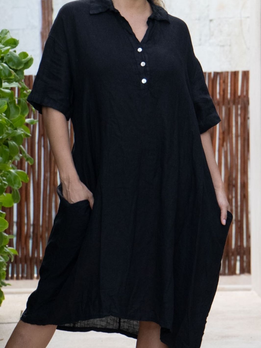 Collared Linen Dress with Buttons - Black