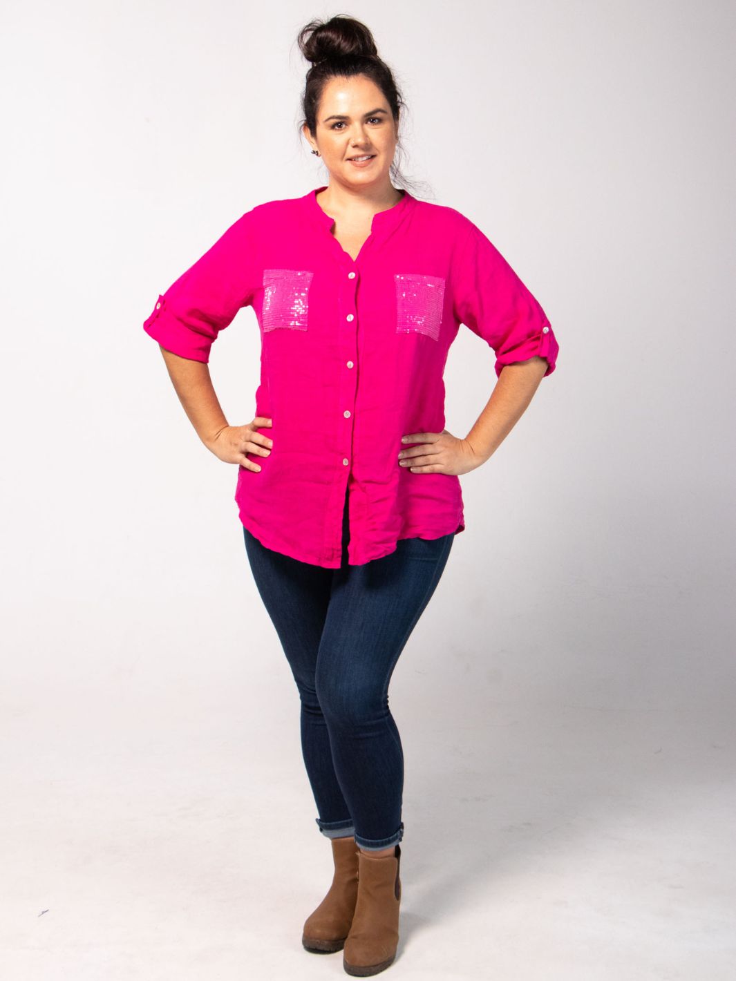 Short Sleeved Blouse with Floral Cut-Out - Magenta